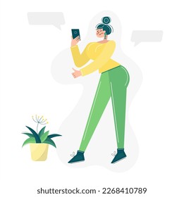 The concept of virtual communication in social networks. Smiling girl looks into a smartphone. Pretty woman in the office talking on the phone. Vector illustration in cartoon flat style.