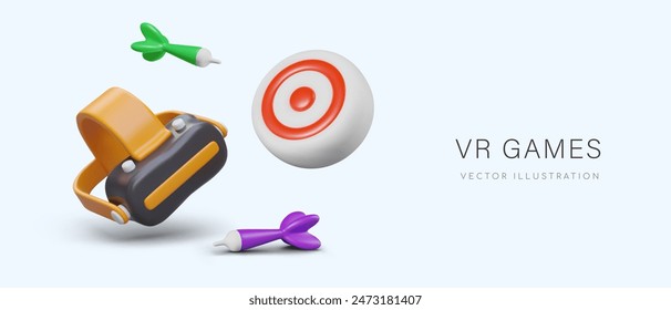 Concepto de juegos virtuales. Gafas de realidad virtual, objetivo, agujas de dardos