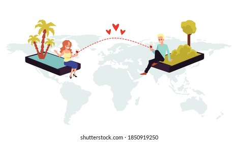 Concept of virtual love, remotely communication. Couple a man and woman living at a long distance have a romantic distance relationships. Flat cartoon vector illustration