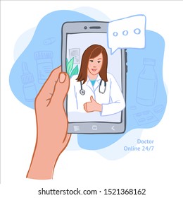 The concept of virtual medicine. Vector illustration. Doctor's consultation online.