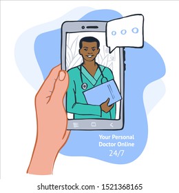 The concept of virtual medicine. Vector illustration. Doctor's consultation online.