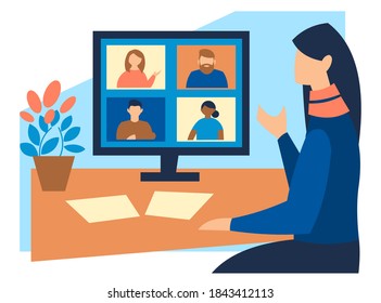 Concept of virtual meeting, video conference, webinar. Flat image isolated on white background. Young woman at the computer chatting with friends. Remote work, work at home. Vector, stock.