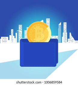 Concept of virtual money digital cryptocurrency. Golden bitcoin in blue wallet. Increasing capital and profits. Wealth and savings growing. Vector Illustration.