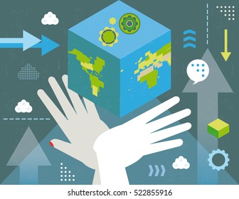 Concept of virtual peace in the world, with infographics elements and grunge texture.