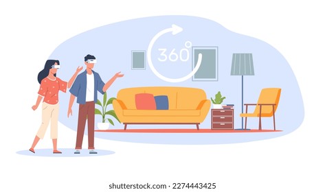 Concept of virtual real estate tour, married couple looking at an apartment to buy or rent. VR online service. Application for quick search for housing online vector cartoon flat illustration