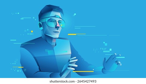 conceito de realidade virtual ou realidade aumentada, design de personagem de usuário de tecnologia usando óculos inteligentes trabalhando no ciberespaço apresentado com estilo cyberpunk