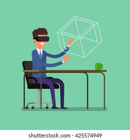 Concept of virtual reality. Cartoon business man using the virtual reality headset.