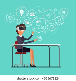 Concept of virtual reality. Cartoon business woman using the virtual reality headset.