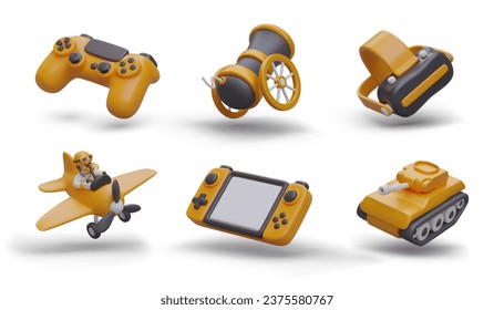 Concept of virtual reality. Digital games, simulation. 3D gamepad, cannon, VR glasses, plane with pilot, console, tank. Set of gaming vector illustrations in yellow color