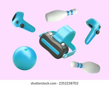 Concept of virtual reality, metaverse. Games in digital world. Entertaining augmented reality. Realistic VR glasses, controllers, skittles, bowling ball. New technologies