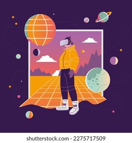 Concept of virtual reality tech, metaverse, cartoon style. Boy in VR glasses on Background with space, planets and stars, retro futurism. Trendy modern vector illustration, hand drawn, flat design. 