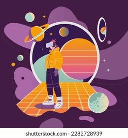 Concept of virtual reality tech, metaverse, cartoon style. Boy in VR glasses on Background with space, planets and stars, retro futurism. Trendy modern vector illustration, hand drawn, flat design. 