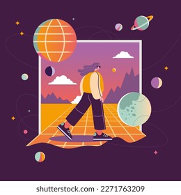 Concept of virtual reality technology, Future digital metaverse, cartoon style. Girl in VR glasses with space, planets and stars, retro futurism. Trendy vector illustration, hand drawn, flat design.  