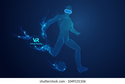 concept of virtual reality technology, graphic of digital man with vr glasses playing soccer football