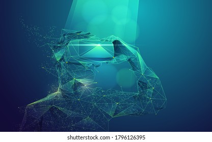 concept of virtual reality technology, graphic of a man wearing VR headset presented in polygon style