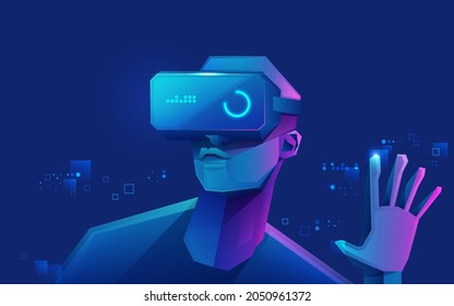 concept of virtual reality technology, graphic of a teenage gamer wearing VR head-mounted playing game