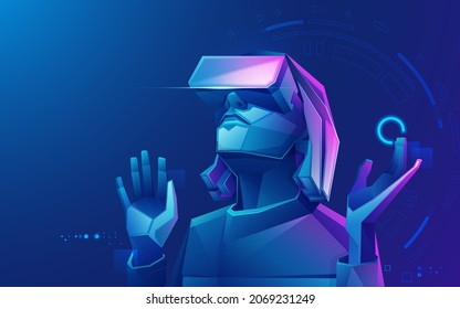 concept of virtual reality technology, graphic of a teenage gamer wearing VR head-mounted playing game - Shutterstock ID 2069231249