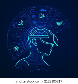 Concept Of Virtual Reality Technology, Graphic Of A User Wearing VR Head-mounted With Metaverse Interface