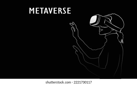 concept of virtual reality technology, graphic of a user wearing VR head-mounted with Metaverse interface. 