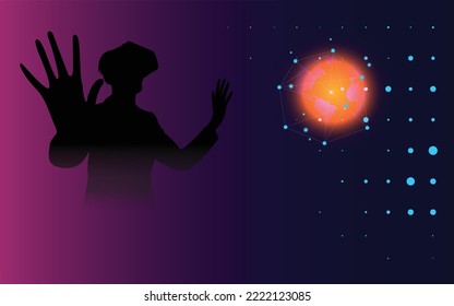 concept of virtual reality technology, graphic of a user wearing VR head-mounted with Metaverse interface. 