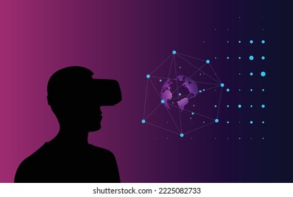 concept of virtual reality technology, graphic of a user wearing VR head-mounted with Metaverse interface. 