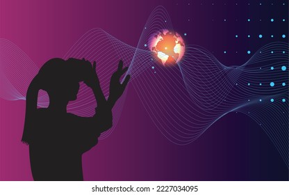 concept of virtual reality technology, graphic of a user wearing VR head-mounted with Metaverse interface. 