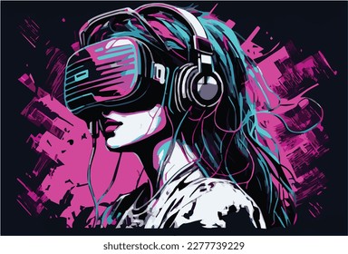 Concept of virtual reality technology, graphic of a teenage gamer wearing VR head-mounted playing game. 