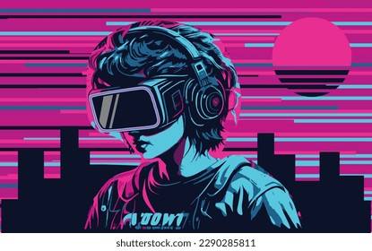 Concept of virtual reality technology, graphic of a teenage gamer wearing VR head-mounted playing game. Vector.