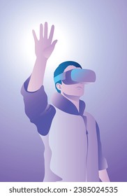 concept of virtual reality technology, graphic of a teenage gamer wearing VR head-mounted playing game, vector illustration