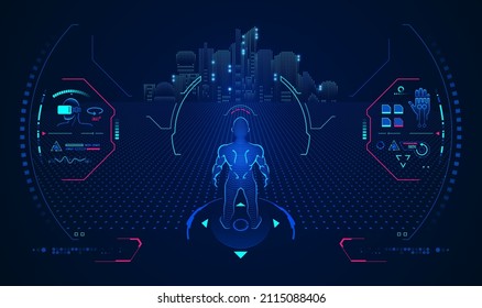 concept of virtual reality technology, point of view of user in Metaverse, graphic of futuristic character with VR glasses interface