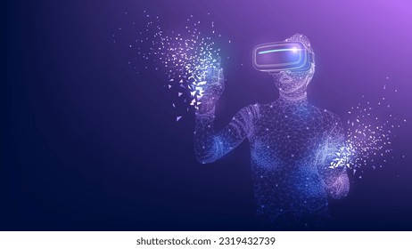 Concept of virtual reality technology. Woman wearing virtual reality headset connected to the virtual space. Vector illustration.