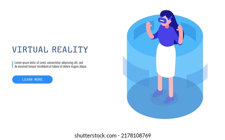 Concept of virtual reality. Woman in virtual reality headset. Web banner. Vector illustration.