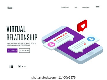 Concept of virtual relationships. Online dating and social networking. Chatting on the Internet. Landing page template. Vector 3d isometric illustration.