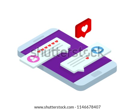 Concept of virtual relationships. Online dating and social networking. Chatting on the Internet. Vector 3d isometric illustration.