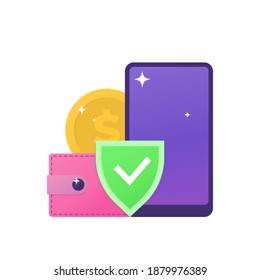 a concept of virtual storage, e wallet or electronic wallet, online payment protection. illustration of wallet, smartphone, shield, coins, safe symbol. mobile application. flat style. vector elements