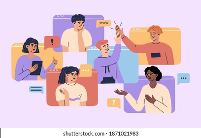 Concept Of Virtual Video Conference With Group Of Remote Workers On Computer Screen, Online Web Cam Call, Smiling Men And Women Have Meeting. Vector Illustration Of Communication, Flat Cartoon Style.