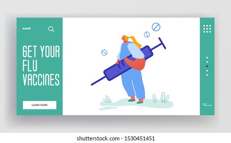 Concept Virus Flu Disease Website, Doctor with Injection Vaccines Landing Page. Woman Character, Nurse Against Influenza and Fever Web Page Banner. Cartoon Flat Vector Illustration