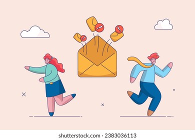 Concept of virus, piracy, hacking and security. Fear of spam email warning. Girl looks at large number of letters in horror. Man runs away from spam in fear. Mailing of advertising correspondence.