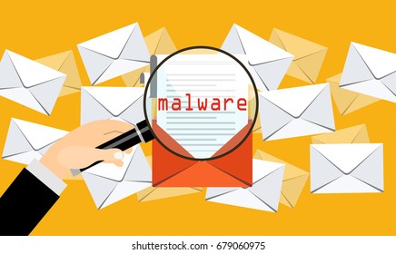 Concept of virus, piracy, hacking and security. Envelope with walware. Website banner of e-mail protection, anti-malware software. Flat  vector illustration.