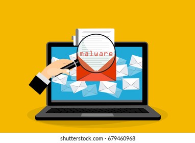 Concept of virus, piracy, hacking and security. Envelope with walware in iaptop. Website banner of e-mail protection, anti-malware software. Flat vector illustration.