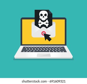 Concept of virus, piracy, hacking and security. Laptop with envelope and skull on the screen. Flat vector illustration.