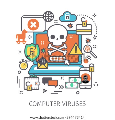 Concept of virus, piracy, hacking and security. Laptop with malicious content and skull on the screen. Flat design, line art vector illustration.