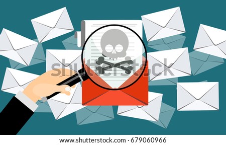  Concept of virus, piracy, hacking and security. Skull with crossbones in red envelope. Website banner of e-mail protection, anti-malware software. Flat  vector illustration.