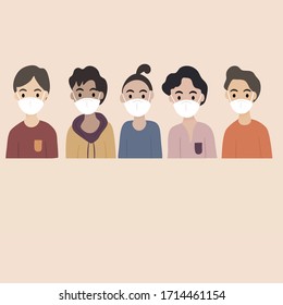 Concept of virus prevention and air pollution - Diverse group of young man wearing medical masks masks banner. Diseases, respiratory viral infection. Vector illustration in a flat style.