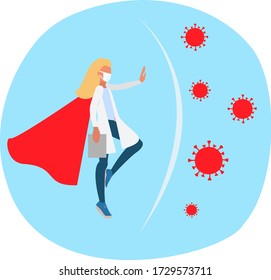 Concept virus protection. Doctor superhero help to protect against virus molecules
