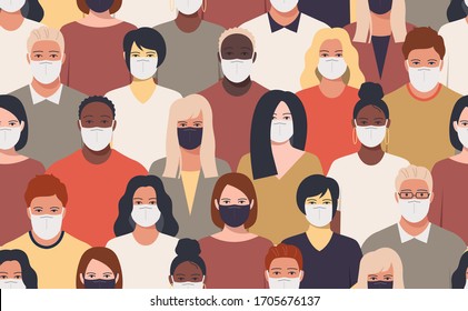 Concept of virus quarantine vector illustration. Seamless pattern. Coronavirus in World. All people in white medical face mask. Human seamless pattern vector. Masked man. Novel coronavirus (2019-nCoV)