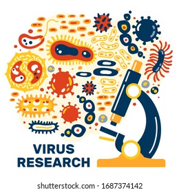 Concept of virus research vector illustration. Laboratory research equipment. Microscopy vector illustration.