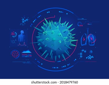 concept of virus scan or covid-19 analysis, graphic of low poly virus with medical technology interface