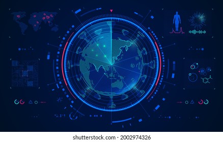 Concept Of Virus Scan Technology Or World Medical Analysis, Graphic Of Radar Scanning Globe Combined With Virus And Futuristic Element