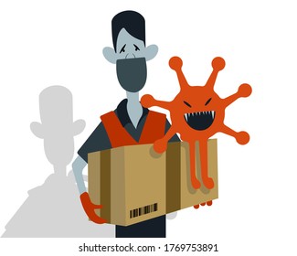 Concept of virus transmission through courier packages. Delivering service during covid-19 pandemic. Parcel services and coronavirus.